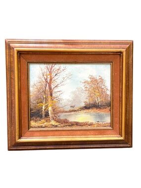 Vintage Autumn Woodland Deer Landscape Oil Painting Signed Thompson
